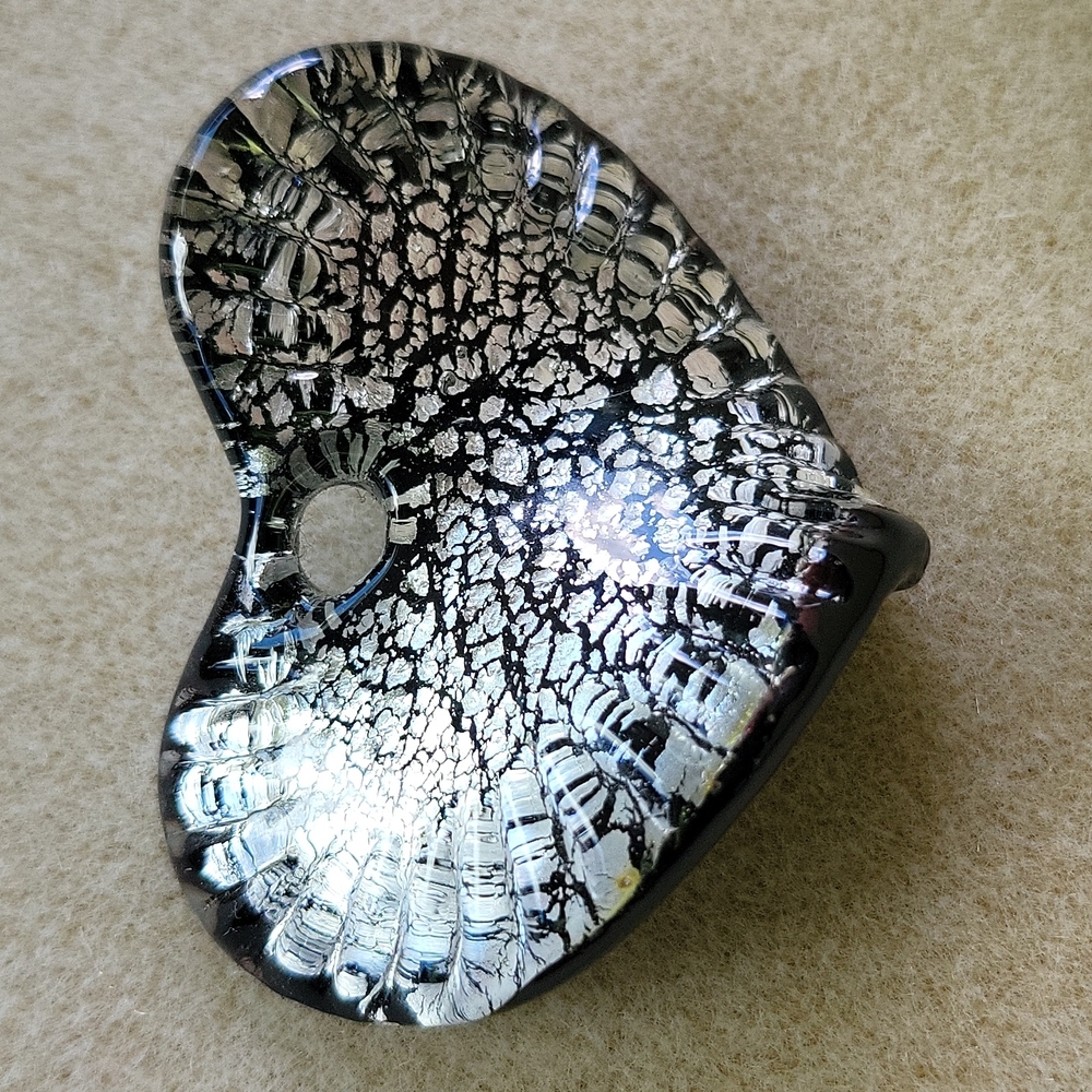 Black And Silver Foil Glass Heart Pendant